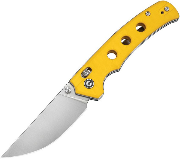 CIVIVI Noctis folding knife open showing a 2.98 inch satin Nitro-V drop point blade with yellow G10 handles and crossbar lock.
