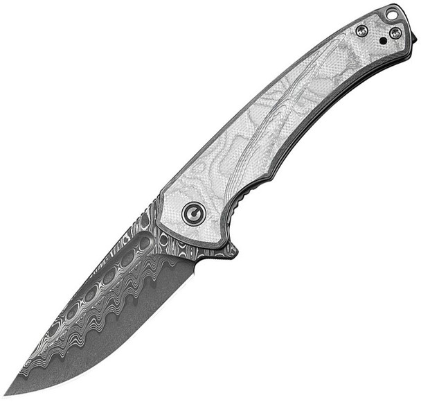 CIVIVI Voidflare folding knife open showing Damascus drop point blade with aluminum foil G10 handle and liner lock.