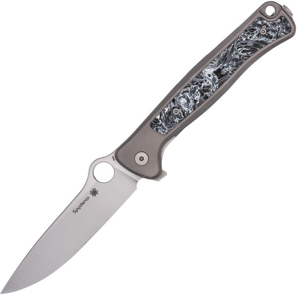 Spyderco x LionSteel SLYM folding knife open, displaying 3.42-inch M390 stonewashed drop point blade and Dark Matter carbon fiber inlay.