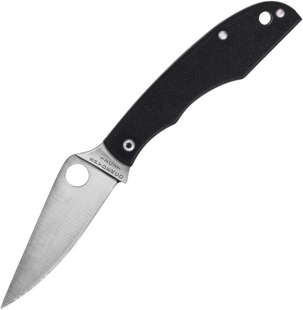 Spyderco Grasshopper slipjoint folding knife open, showing satin 12C27 drop point blade and black G-10 handle.