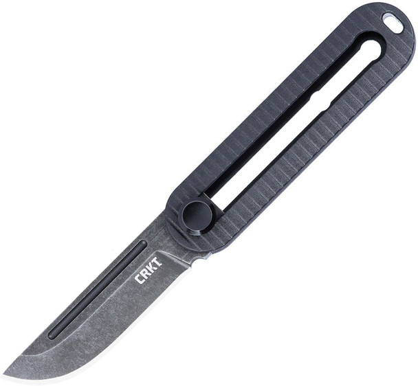 CRKT KatanaX manual OTF knife open showing black stonewashed D2 blade and black Grivory handle