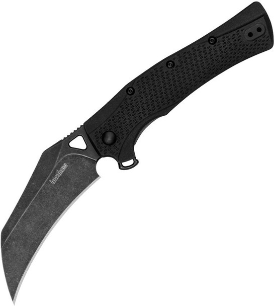 Kershaw Dawnstar knife open showing BlackWash hawkbill blade and textured black GFN handle