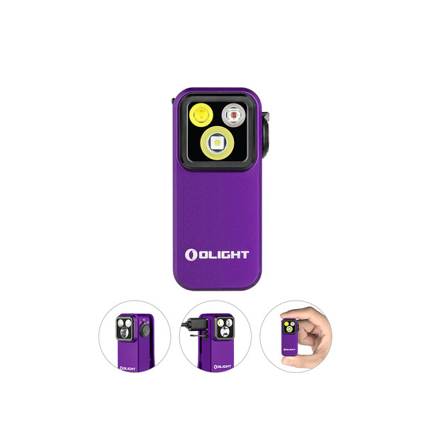 Olight Oclip Pro purple aluminum clip light showing triple-lens front design
