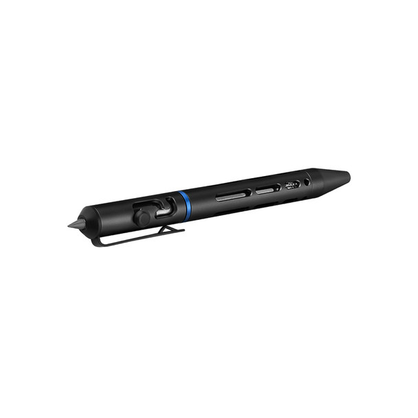 Olight O’Pen Mini 2 black aluminum bolt-action pen isolated on white background
