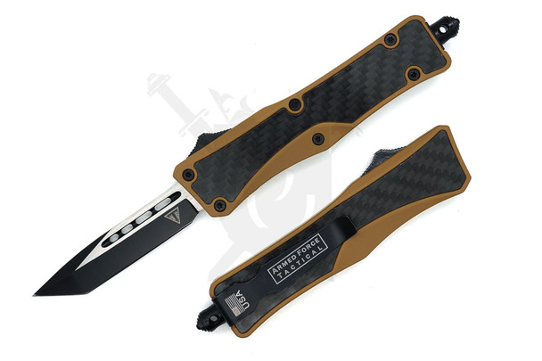 Armed Force Tactical brown OTF automatic knife with two-tone tanto blade, shown open with closed knife beside it on white background.