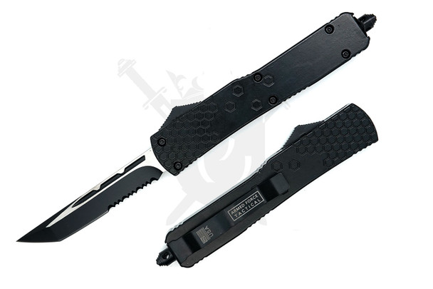 Armed Force Tactical hexagon black handle OTF automatic knife with black tanto partially serrated blade, shown open with closed knife beside it on white background.