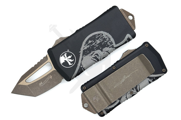 Microtech Signature Series Exocet OTF knife open showing Bronze Apocalyptic tanto blade and Death Card handle artwork