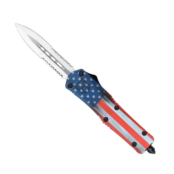 CobraTec Medium FS-3 OTF Automatic Knife with Cerakote American Flag handle and 3-inch D2 dagger blade deployed.