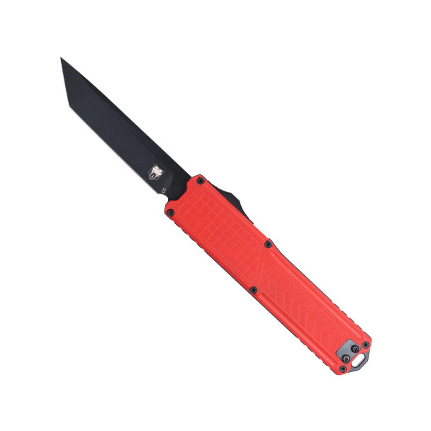 CobraTec Ranger OTF Automatic Knife with red G10 handle and black D2 tanto plain edge blade deployed.