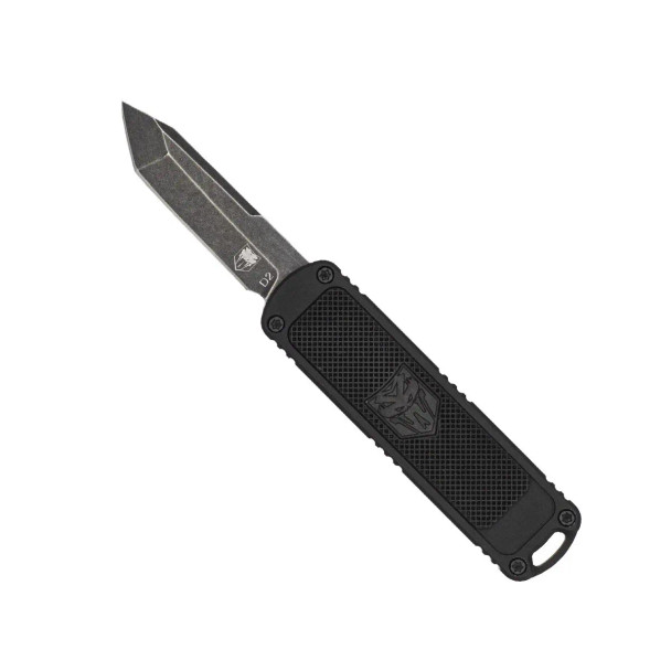 CobraTec Hornet OTF Automatic Knife in black with 1.94 inch stonewashed D2 tanto blade deployed.