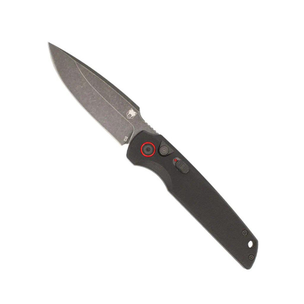 Primary Image: CobraTec Jackal automatic knife with black G10 handle and 3.5 inch D2 black stonewashed drop point blade open