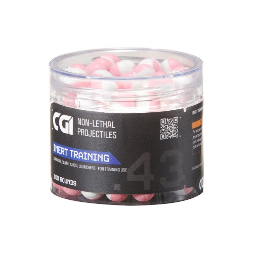 Main product image: Clear plastic jar containing 100 pink and white GoldenBall CGI .43 caliber inert non-lethal training projectiles with black product label.
