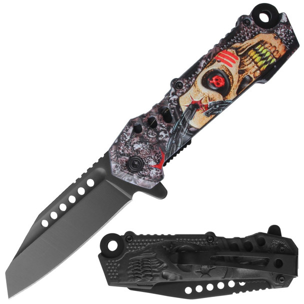 Razor Tactical desert tan biohazard skull assisted folding knife with 3.25 inch blade shown open and closed