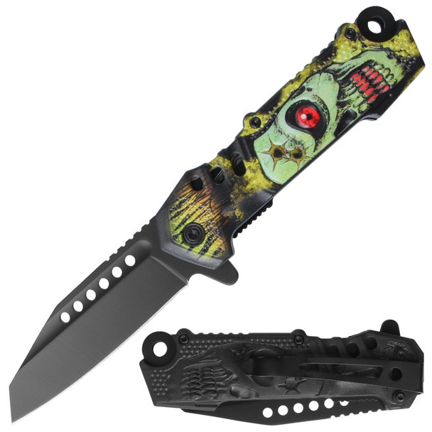 Razor Tactical green biohazard skull assisted folding knife with 3.25 inch blade shown open and closed