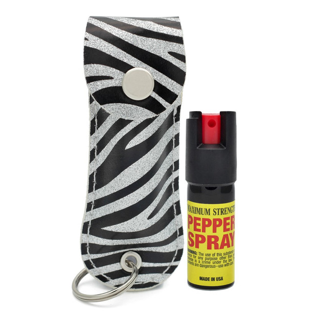 Cheetah Silver Zebra 1/2 oz pepper spray with black and silver zebra holster and key ring attachment.