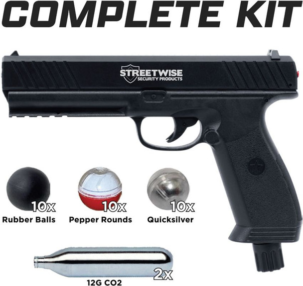 Streetwise 31031 .50 caliber pepper spray launcher complete kit showing launcher, rubber balls, pepper rounds, quicksilver rounds, and CO2 cartridges.