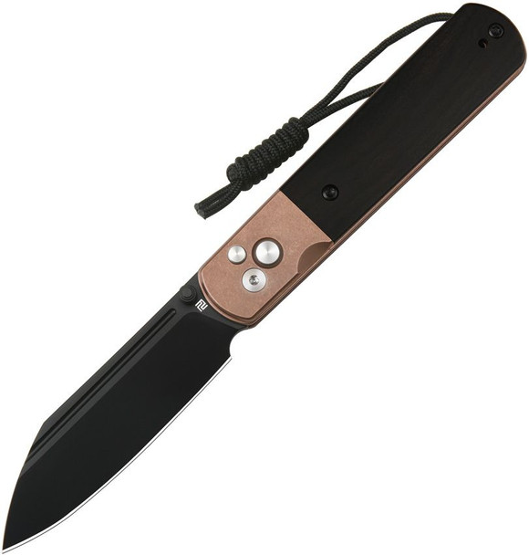 ArtisanCutlery Holm button lock folding knife with black Wharncliffe AR-RPM9 blade and ebony wood handle with rose gold bolsters