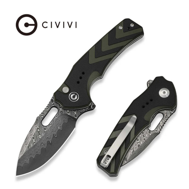 CIVIVI Vexron knife shown open and closed, Damascus drop point blade, black and green chevron G10 handle