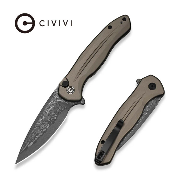 CIVIVI Kitefin Button Lock knife with 3.22 inch Damascus drop point blade and brownish gray aluminum handle, open position front view