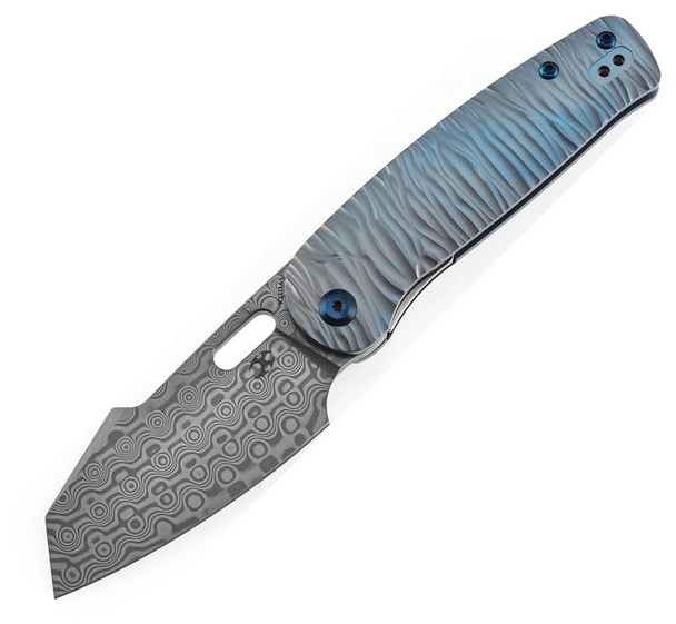 KANSEPT Orlok K2111A5 folding knife with 3.03 inch Damascus blade and blue anodized titanium micro rock textured handle