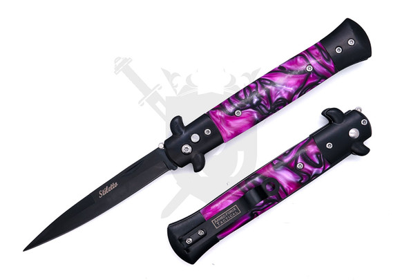 Armed Force Tactical Milano automatic stiletto knife with matte black spear point blade and purple marbled handle