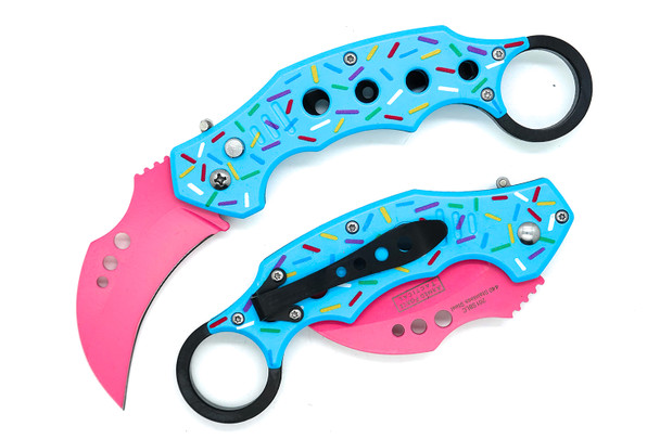 Armed Force Tactical CUPCAKE Karambit automatic knife with blue sprinkle handle and pink curved blade