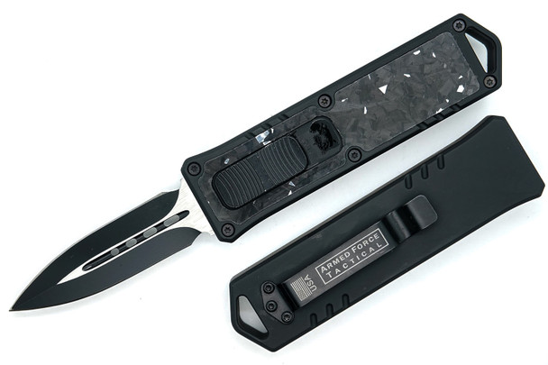 Armed Force Tactical Stealth Pulse compact OTF knife with carbon fiber black flake handle and matte black dagger blade