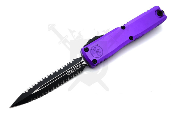 Rear view showing milled titanium pocket clip with ceramic ball and stainless glass breaker. Front view of Ultratech Gen IV with black tactical double edge full serrated blade deployed.
