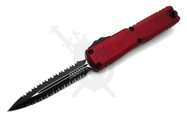 Microtech Ultratech Gen IV OTF knife open showing black tactical double edge full serrated blade and merlot handle