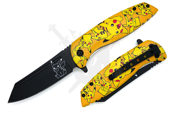 Electric Spark assisted opening pocket knife open showing matte black drop point blade and printed aluminum handle with yellow electric character design