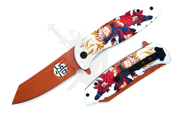 Super Saiyan Surge assisted opening pocket knife open showing matte orange clip point blade and printed aluminum handle with warrior character design