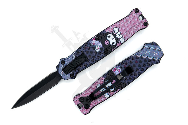 Kitty Kawaii Contrast mini OTF knife open and closed with matte black 2 inch spear point blade and pink aluminum handle