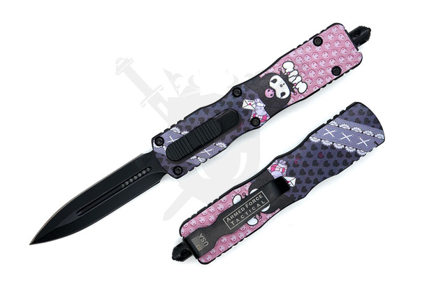 Kitty Front Switch OTF knife open and closed showing matte black 3 inch dagger blade and pink printed handle