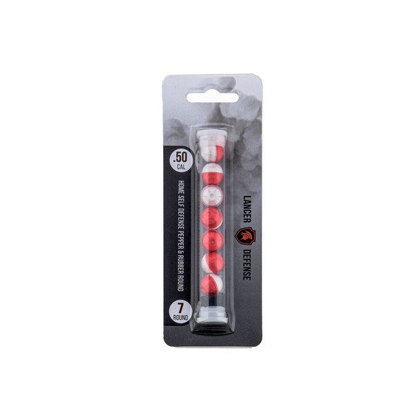 Retail packaging showing Lancer Defense .50 cal pepper balls in 7 round pack