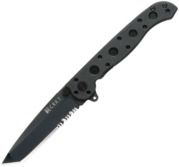 CRKT M16-10KZ folding knife with black-coated partially serrated tanto blade and black GFN handle featuring lightweight cutout design.