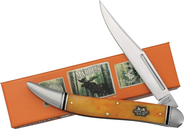 Marbles Master Made Large Toothpick M004 Folding Knife 3.12" Mirror Clip Point Blade Orange Bone Handle