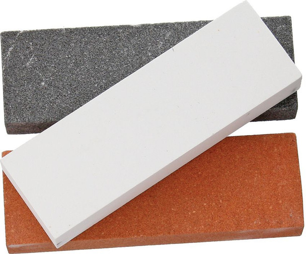 Rough Rider RR3000 sharpening stone set in retail packaging showing 120 240 800 grit   Rough Rider RR3000 three sharpening stones gray brown white grit set stacked