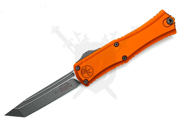 Microtech Mini Hera T/E OTF automatic knife with orange aluminum handle and apocalyptic finished tanto blade shown open, front side view.