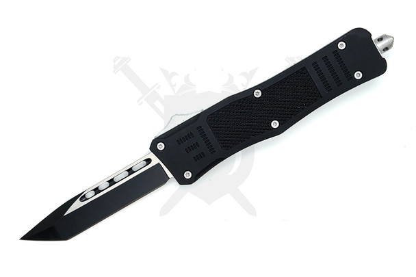 Armed Force Tactical medium OTF knife open with black tanto blade and rubberized textured handle.