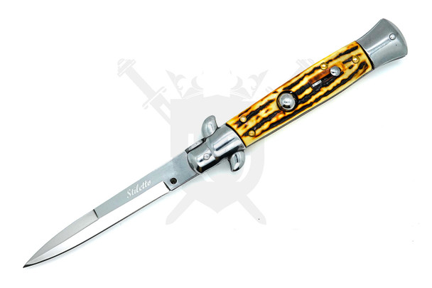 Godfather Italian stiletto automatic knife open with mirror polish bayonet blade and faux stag handle on white background.