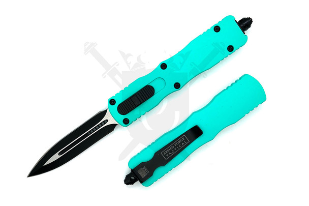 Teal OTF automatic knife with black double edge blade and textured EasyGrip handle.