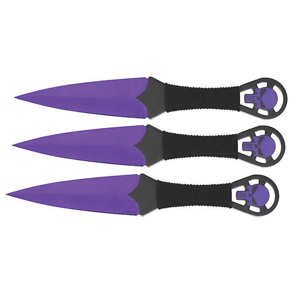 Main Image Alt Text: Three purple throwing knives with cord wrapped handles and skull ring pommels displayed in a set.