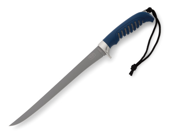 Buck 225 Silver Creek fillet knife full profile with blue handle and sheath