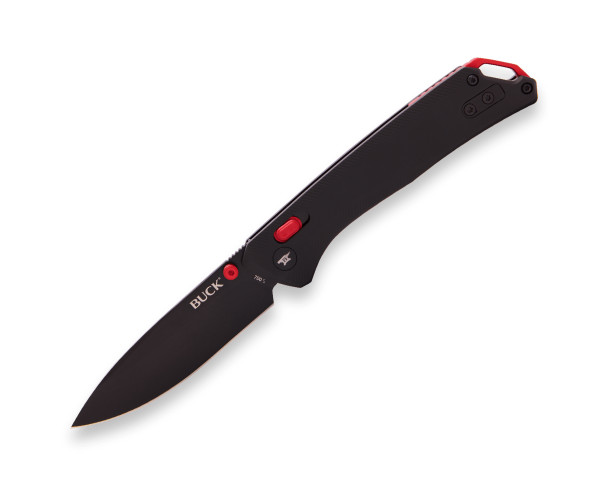 Buck 700 Nomad Pocket Folder knife open with black D2 drop point blade and black aluminum handle with red accents