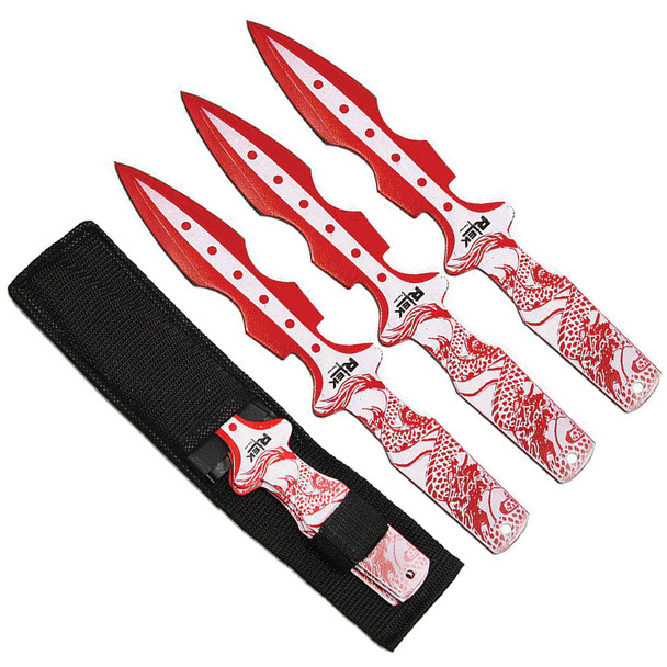 Red Dragon throwing knife set with three matte red spear point knives and dragon print handles next to nylon sheath