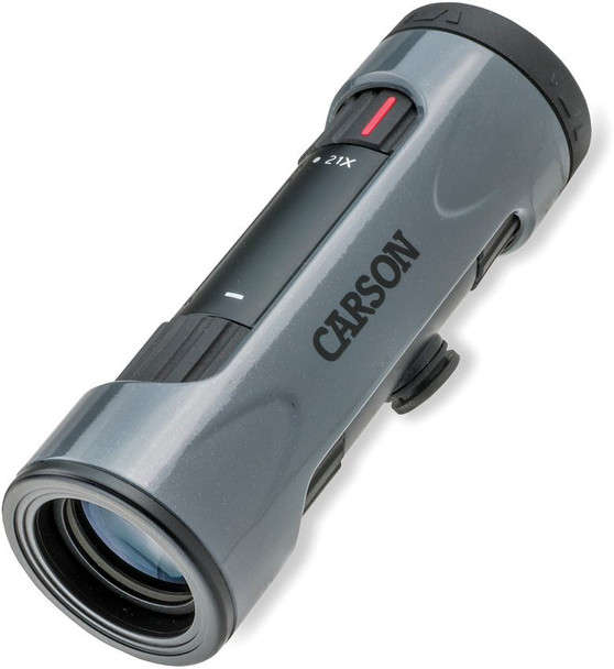 Carson MonoZoom ZM-721 compact zoom monocular showing gray body and front objective lens
