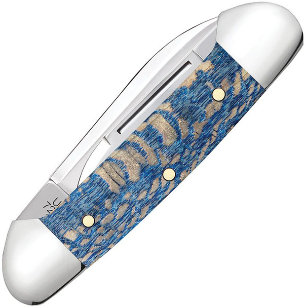 Case XX Baby Butterbean pocket knife open showing spear and pen blades with blue sycamore wood handle