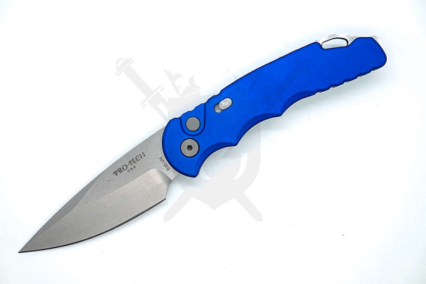 Pro-Tech TR-5 automatic knife blue aluminum handle stonewash S35VN blade open position USA made