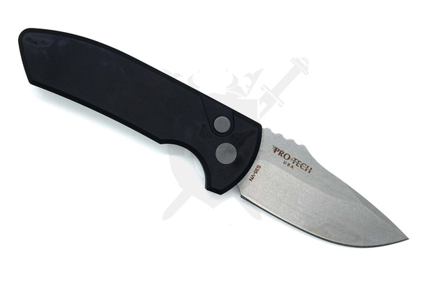 Pro-Tech SBR left handed automatic knife stonewash S35VN blade black aluminum handle open position
