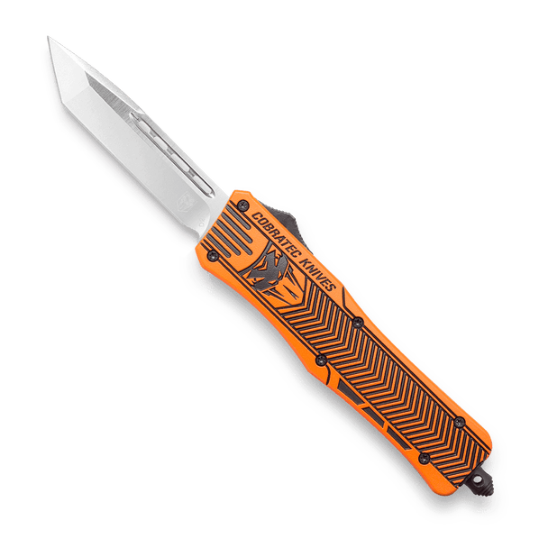CobraTec CTK-1 OTF automatic knife hunter orange handle D2 blade front view open